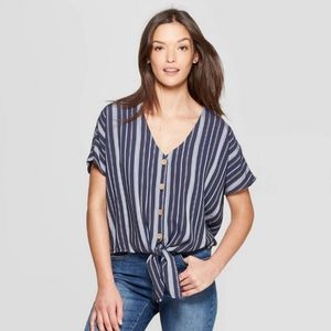 Universal Thread Navy Blue Striped Tie Front Button Down Top